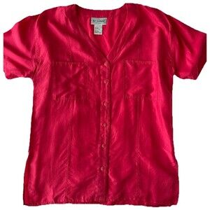 Silk Exchange Blouse Size S Hot Pink Short Sleeve Button-down Pockets 100% Silk